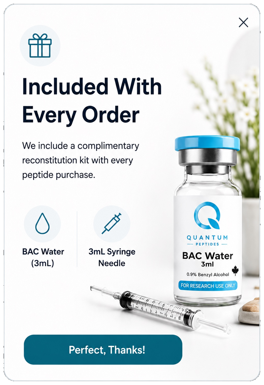 Included with every order — a complimentary reconstitution kit (BAC water and a 3mL syringe needle) with every peptide purchase
