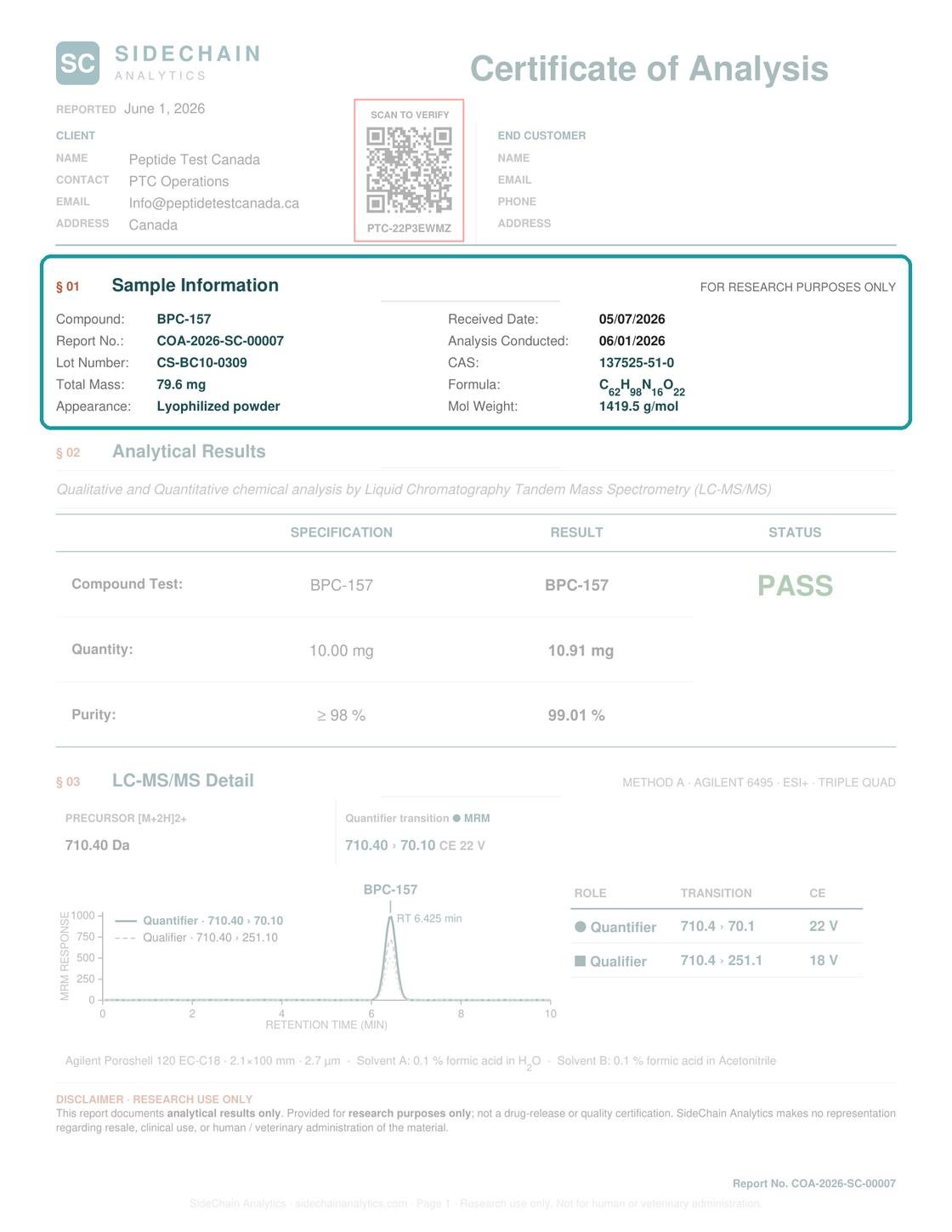 Sample Information section highlighted on the COA