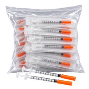 Clear bag containing individually wrapped 1ml syringes
