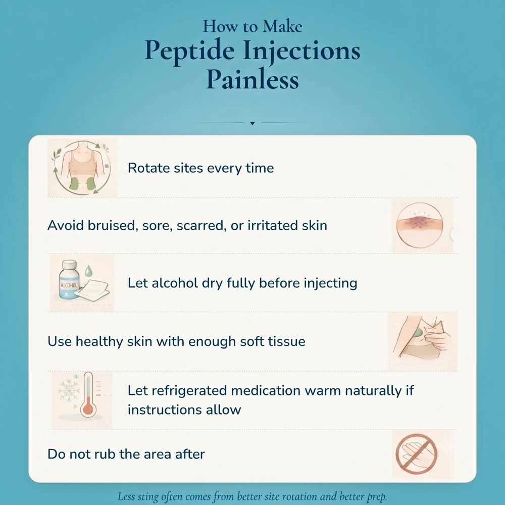 How to make peptide injections painless — rotate sites, avoid irritated skin, let alcohol dry, use healthy tissue, don't rub after