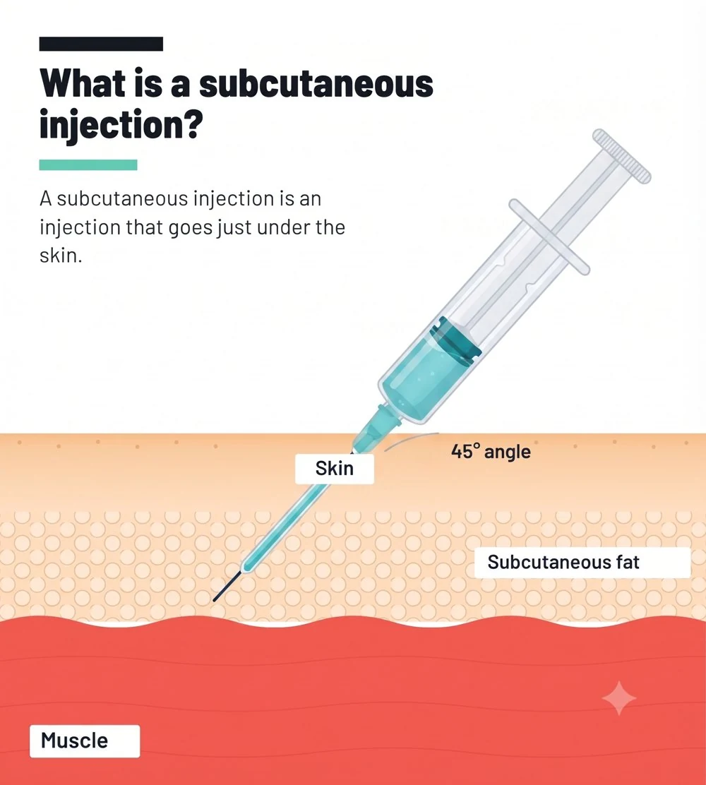 What a subcutaneous injection is — 45 degree angle into subcutaneous fat