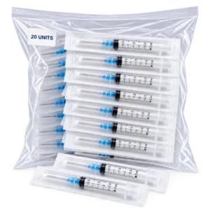 Clear bag containing twenty individually wrapped 3ml syringes