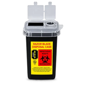 Black sharps container with clear locking lid and biohazard label