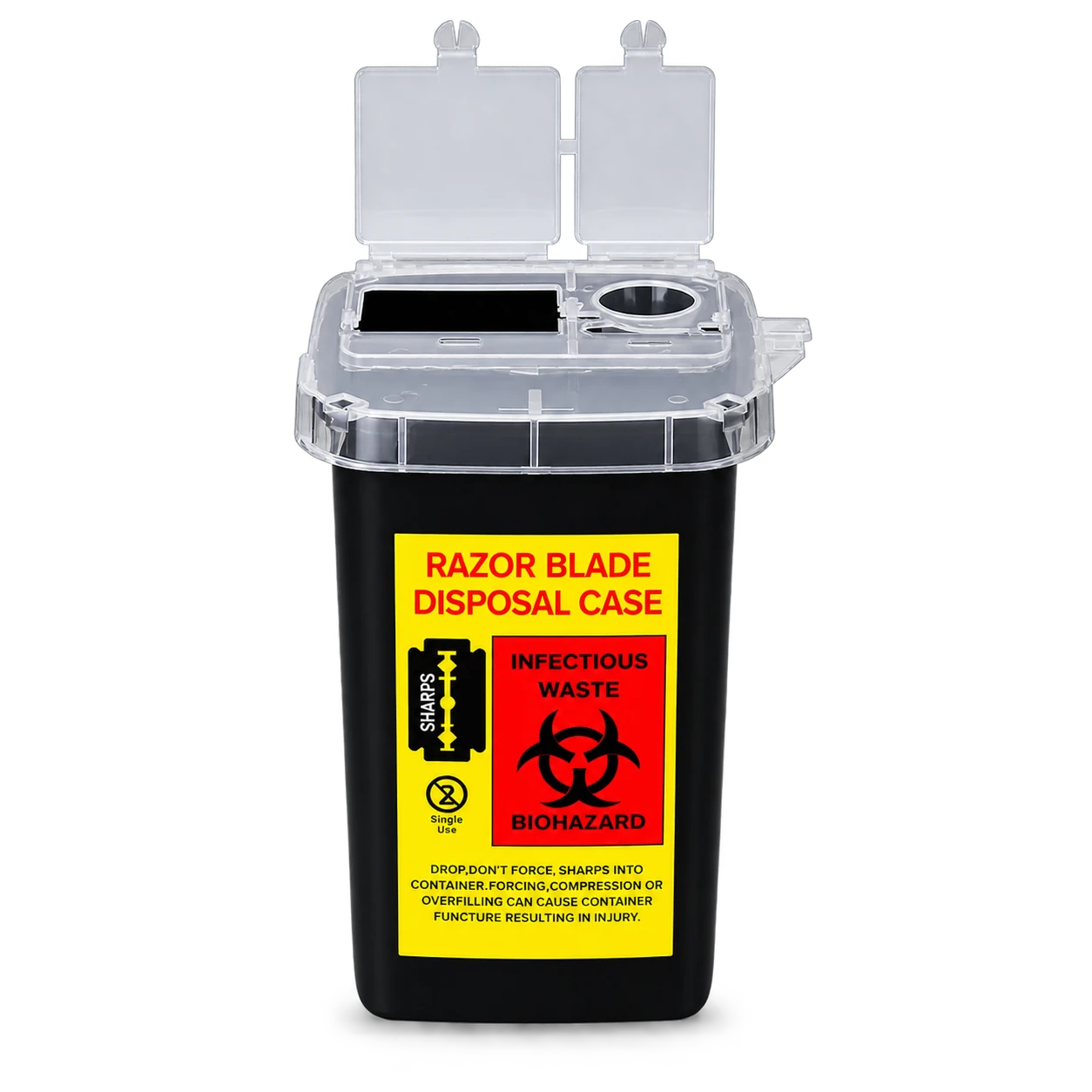 Black sharps container with clear locking lid and biohazard label