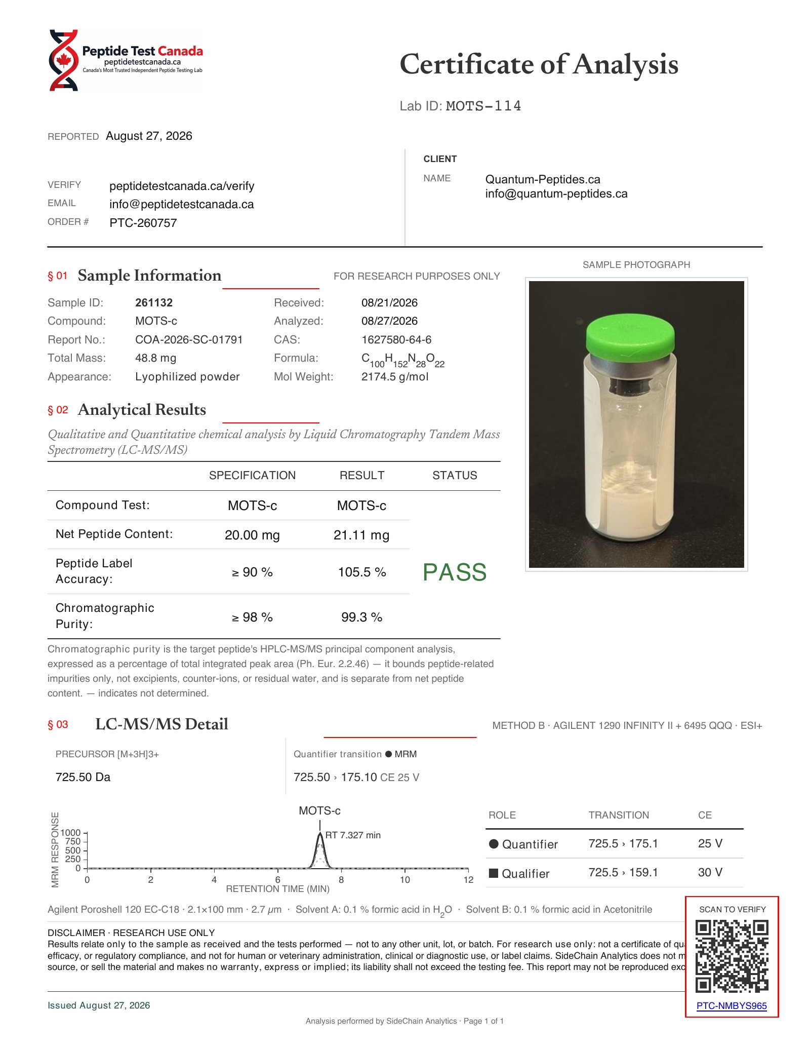 MOTS-c 20mg Certificate of Analysis