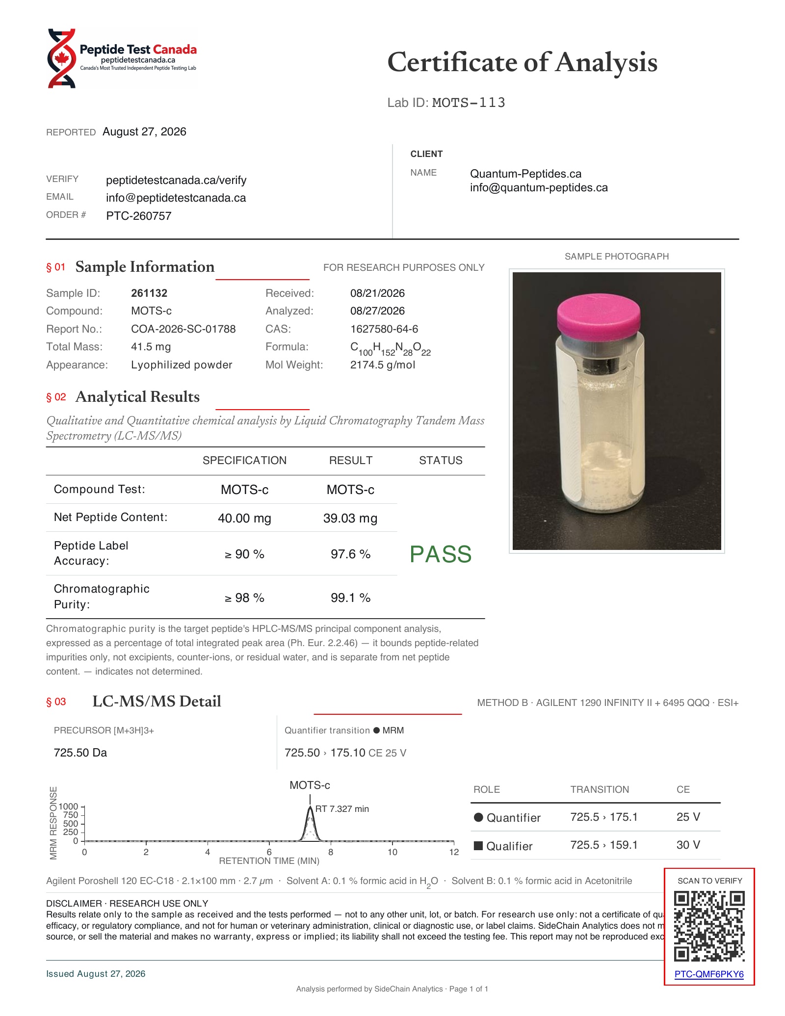 MOTS-c 40mg Certificate of Analysis